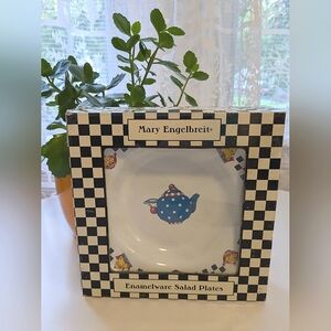 Mary Engelbreit Teapot Themed Enamel Salad Plates (4)